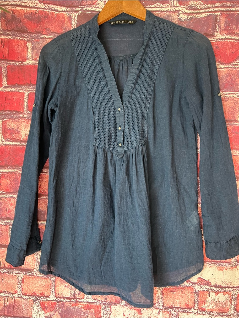 Zara Trafaluc Navy 100% Cotton Crochet Bib Tunic Blouse